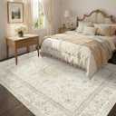 Washable Area Rug 8x10: Boho Vintage Cream Rugs for Living Room Bedroom - Soft Non Slip Stain Resistant Carpet Indoor - Beige Floral Medallion Design