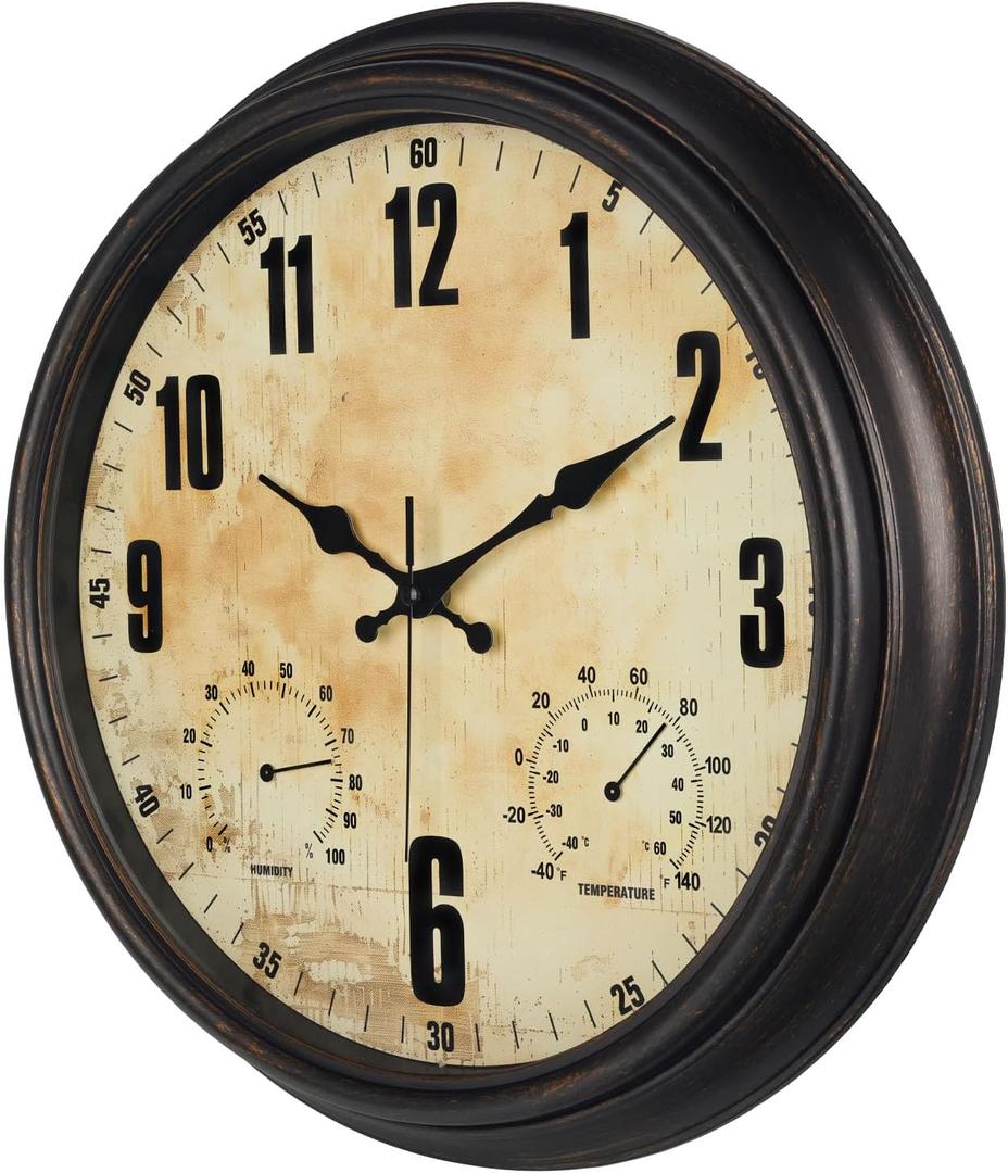 TOOCAT 16 Inch Indoor Outdoor Clock with Temperature and Hygrometer Waterproof Large Wall Clock, for Patio Pool Porch Garden Garage Bar Decoration