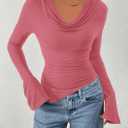 PRETTYGARDEN Womens Bell Long Sleeve Shirts Casual Cowl Neck Asymmetrical Slim Fit Crop Tops Y2K Going Out Spring Clothes (Pink, XXL)