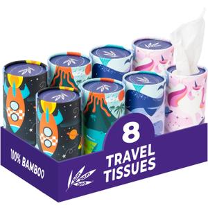 Bim Bam Boo 100% Bamboo Facial Tissue Tubes, 3-ply Hypoallergenic Travel Tissues in Car Tissue Holder, 8 Eco-Friendly Cylinder Tissue Tubes