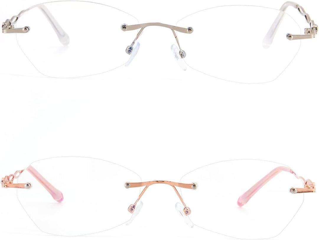 DXYXYO 2 Pack Rimless Reading Glasses for Women Blue Light Blocking Lightweight Small Metal Readers (Pink and Silver) 3.5