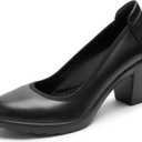 Women's Pumps with Arch Support, Chunky Closed Round Toe Block Heels for Women, Comfortable Low Heel Work Dress Shoes (9, Black)