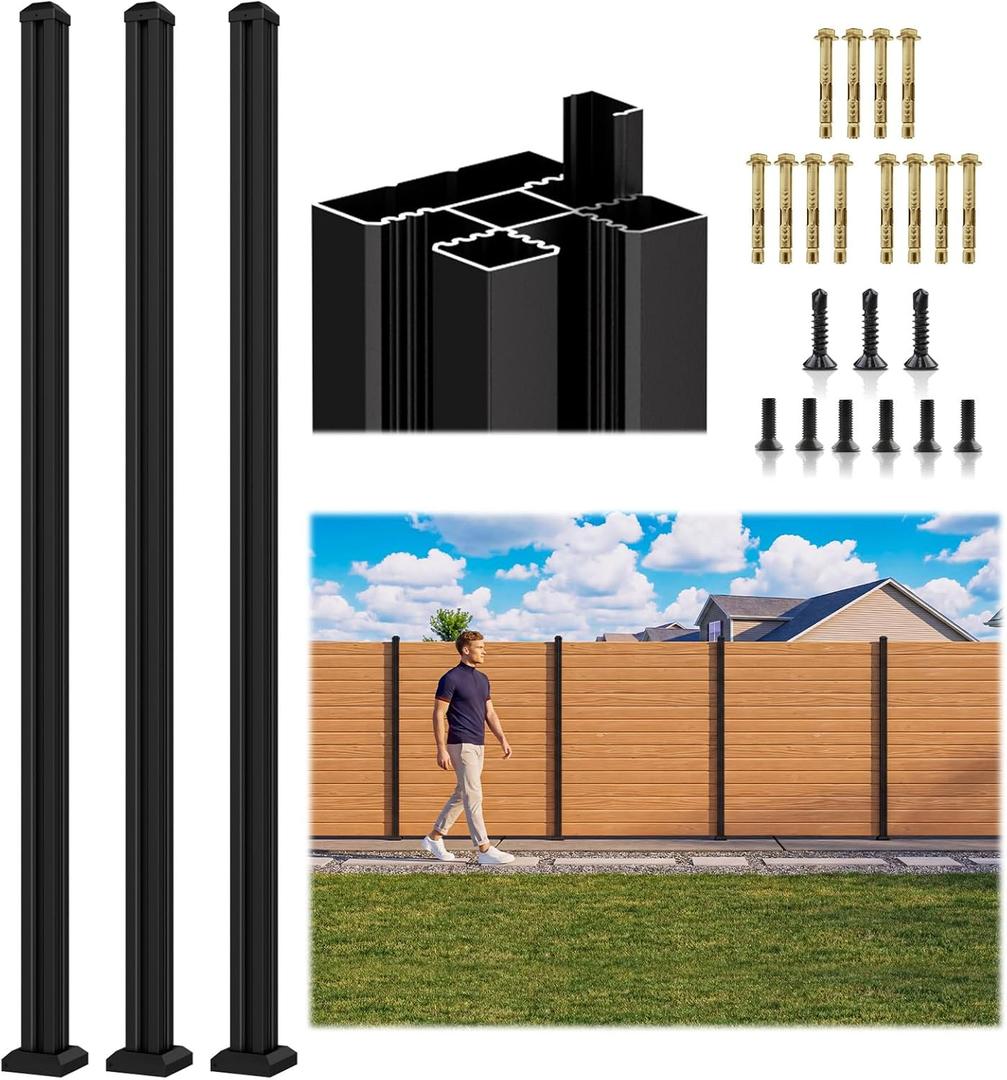 3 Pack 6FT 3-Way Aluminum Fence Post, 1.8mm Thick Walls & 10mm Base, Matte Black Wood Fence Post, Rustproof & Weather-Resistant for Outdoor Privacy Panels, 3 Pack Black Fence Post