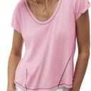 Cicy Bell Womens Cropped Scoop Neck Tshirts Summer Cap Short Sleeve Exposed Seam Tops Casual Loose Fit Cotton Tee Shirts (Pink, M)