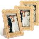 CroBlissful 3 Pcs Scalloped Wicker Weave Rattan Photo Frame for Picture Handmade Rattan Photo Frames Wall Decor Boho Farmhouse Style Tabletop Display Decorative Home Bookshelf (5 x 7,Neutral)