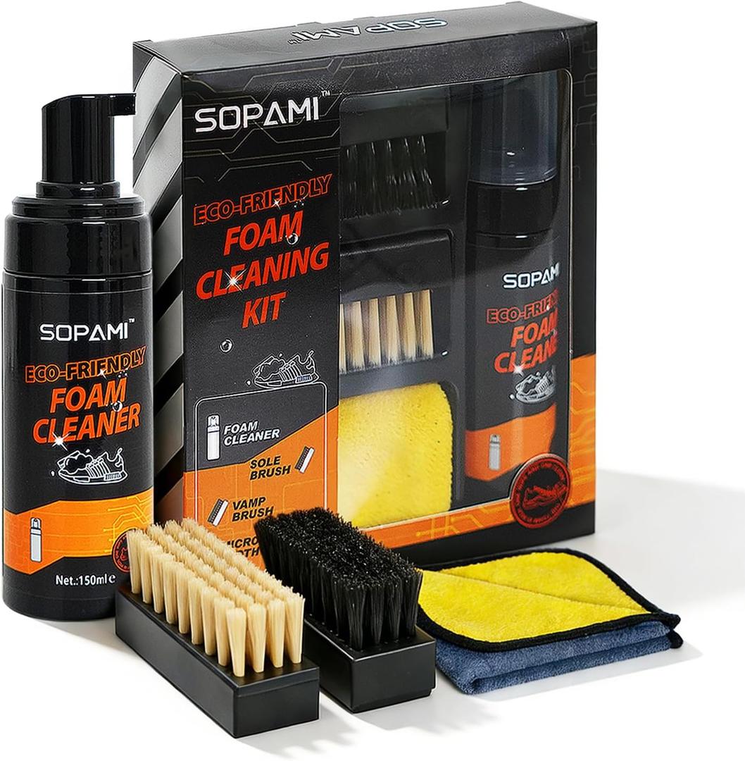 SOPAMI Shoe Cleaning Kit – Premium Foam Shoe Cleaner with Soft & Stiff Bristle Brushes and Microfiber Towels – Shoe Cleaner for Gym Tennis Sneakers, White Shoes, Leather, Mesh, Knit, Canvas & Nubuck