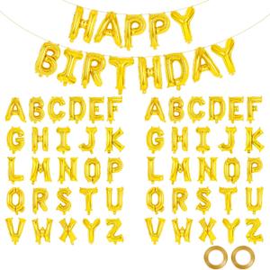 65 Pcs Gold Happy Birthday Balloons and 2 Sets A-Z Letters Foil Balloons, 16 Inch Personalized Name Happy Birthday Banners for Wedding Baby Shower Anniversary Party Decorations (Gold)