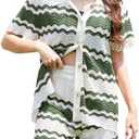 diumMoreone 2 Piece Lounge Set Women Short Sleeve Striped Crochet Knit Sets Two Piece Button Up Pajamas with Drawstring Shorts M