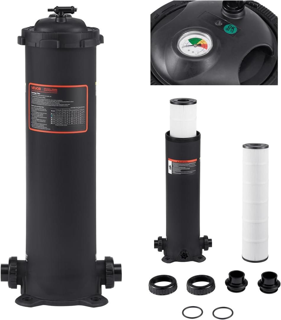 VEVOR 2026 Pro Pool Cartridge Filter System 100 Sq.Ft, Pool Filter for Inground & Above Ground Pools, Compatible W/Pumps 1/2HP~1HP | Up to 6142 GPH Max Flow, Pool Filters for Pools Up to 23775 Gallons