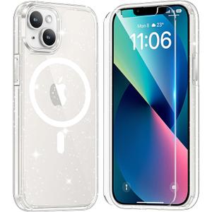 TAURI 3 in 1 Magnetic for iPhone 13 Case with 2X Screen Protectors, [Designed for Magsafe] [Not-Yellowing] Bling Cute Sparkly Phone Case for 13, Glitter Clear