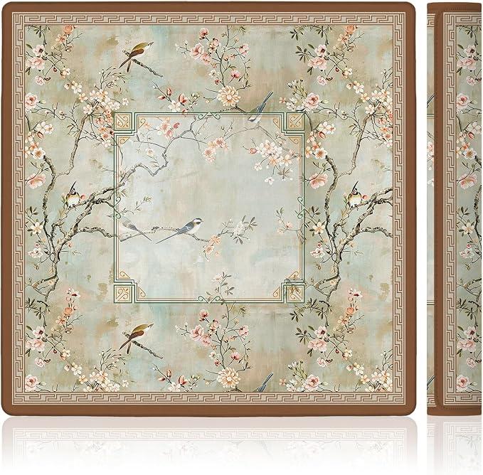 LZYRF Vintage Chinoiserie Cherry Blossom Mahjong Mat 31.5 x 31.5 in, Cottagecore Botanical Floral Bird Anti Slip and Noise Reduction Game Table Cover for Mahjong Dominoes Card Board Tile Games
