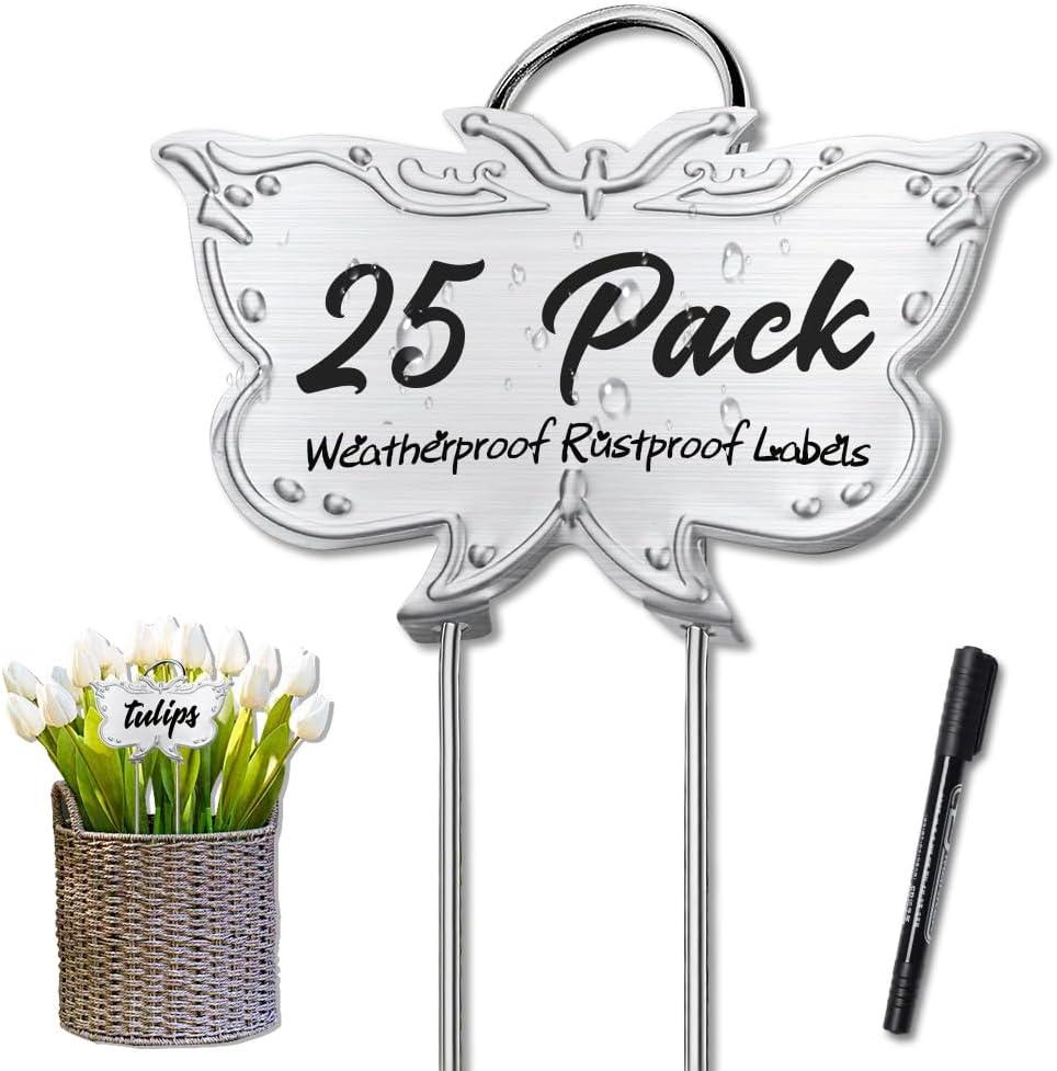 Metal Plant Labels, Tall Outdoor Butterfly Garden Markers for Flowers, Fruits and Vegetables, 304 Stainless Steel Weatherproof Signs (25 Packs, 4" x 2.3", Silver Butterfly Design)