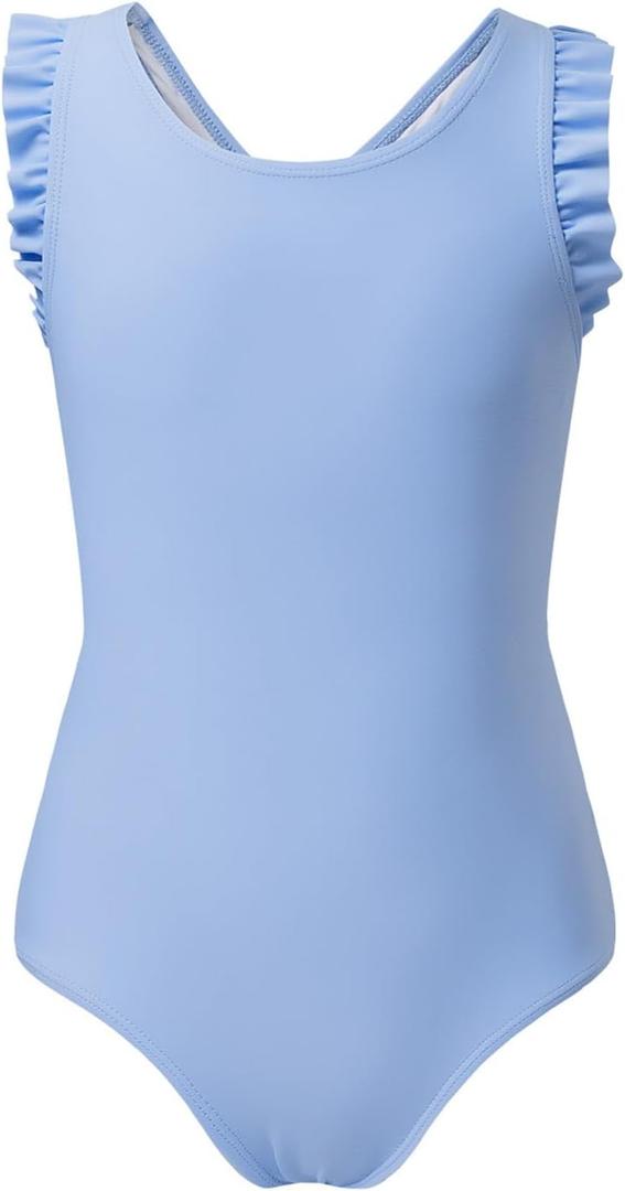 blibean Kid Girls Swimsuit One Piece Ruffle Sleeve Bathing Suits 6-15 Year (Blue, L)