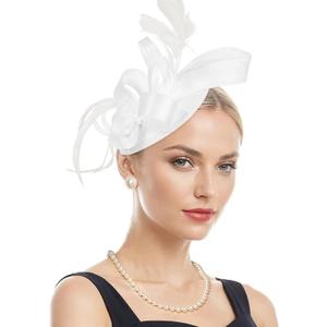 Women Kentucky hat derbys Fascinators Headband Tea Party Wedding Bridal Cocktail Ribbon Feathers Hair Clip White One Size