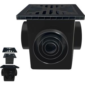 12in Black Plastic Catch Basin - 4 Outlet Drain Box with Debris Basket & Polypropylene Grate for Yard, Garden, Downspout & More