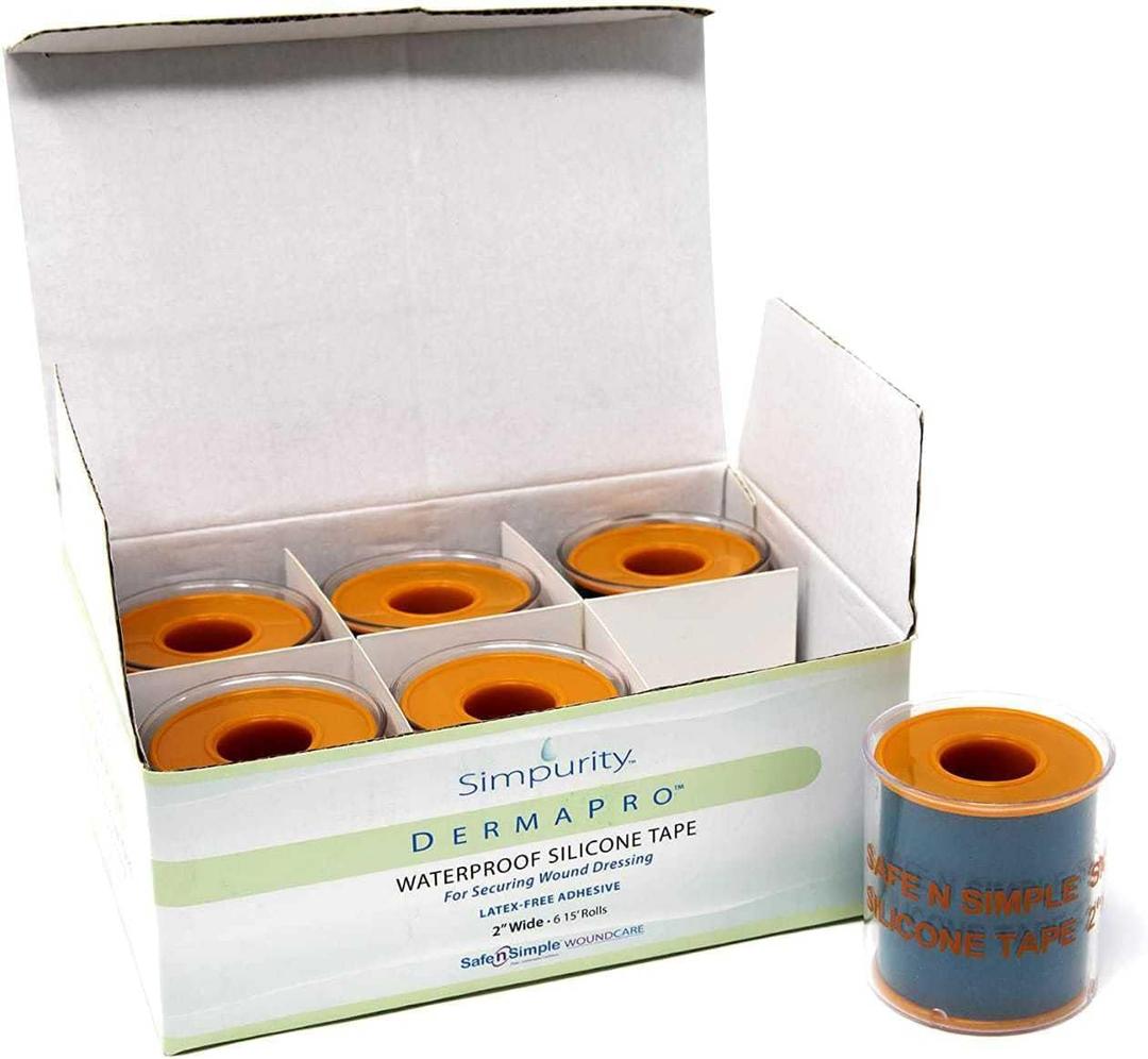 Simpurity DermaPro Silicone Tape Waterproof -2" x15' Individual Pack of 6- Latex Free Tape Medical for Securing Wound Dressing - Silicone Wound Healing Tape for Sensitive Skin Waterproof