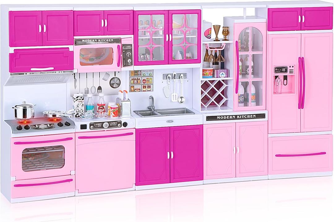 Mastom Kitchen Playset for Girls, Play Kitchen Toys for Dolls with Realistic Lights & Sounds, 56PCS Kids Pretend Play Kitchen Toy Accessories, Gifts for Toddlers Girls 3 4 5 6 Year Old