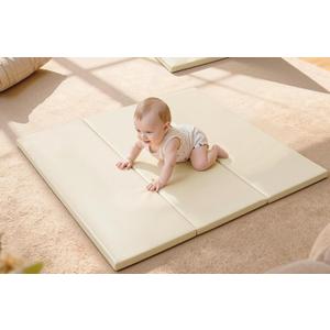 Foam Baby Play Mat: PU Leather Waterproof Kids Playmat - Trifold Floor Mat - Large Play Mat for Playpen Thick Pad Fodable Mattress Soft Toddler Mattress Infant Cushion for Preschool (Beige) 47" x 47"