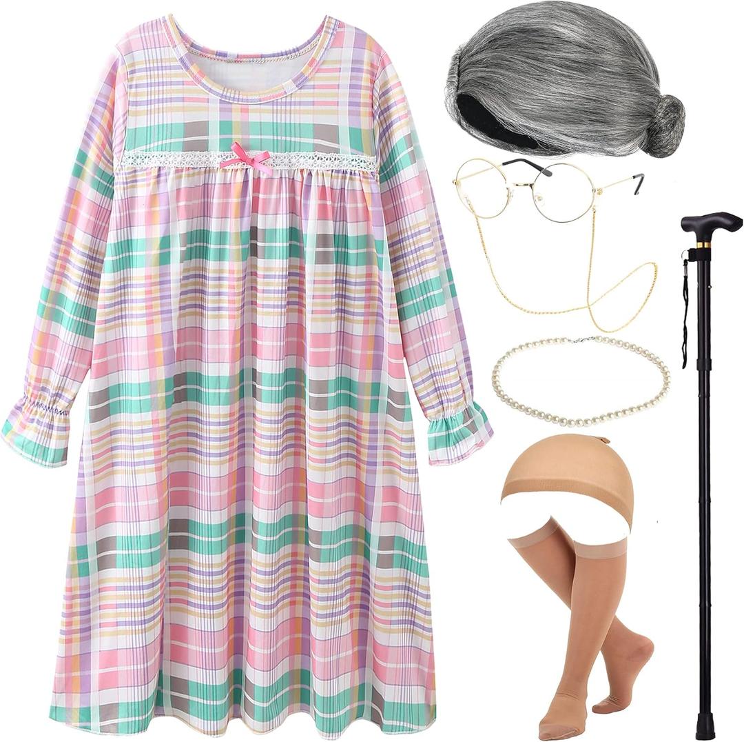 Old Lady Costume for Kids 100th Day of School Costume Wig 100 Year Granny Glasses Grandma Little Old Women Cane Accessories, 4-6 Years