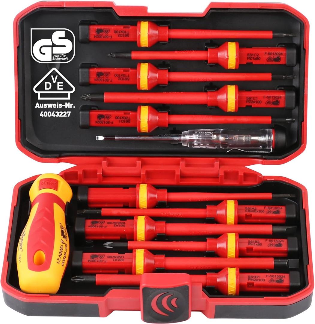 1000V Insulated Electrician Screwdriver Set - 13-Piece Professional Electrical Screwdriver Set Insulation Handle CRV Steel Magnetic Phillips Slotted Pozi Torx Tips VDE & GS Certified