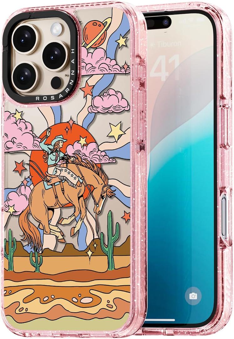 for iPhone 16 Pro Max Case Cute - Durable Shockproof 6.6 ft Drop Impact Phone Case - Funny Cowboy Design (6.9") Glitter Pink