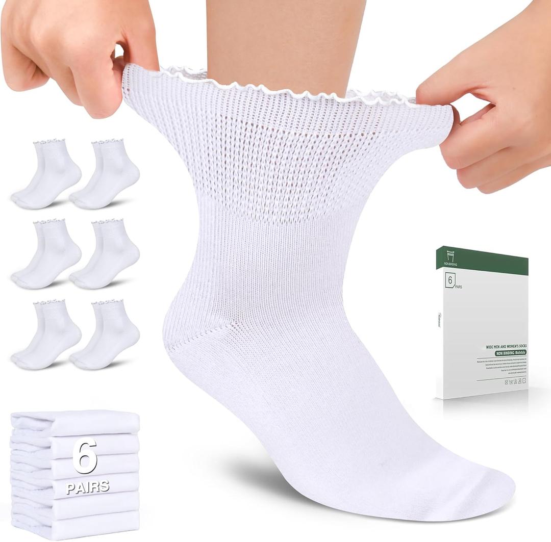 Bulinlulu Womens Diabetic Socks  6 Pairs Non-Binding Neuropathy Socks for Women 6-9 9-11 (Large, White)