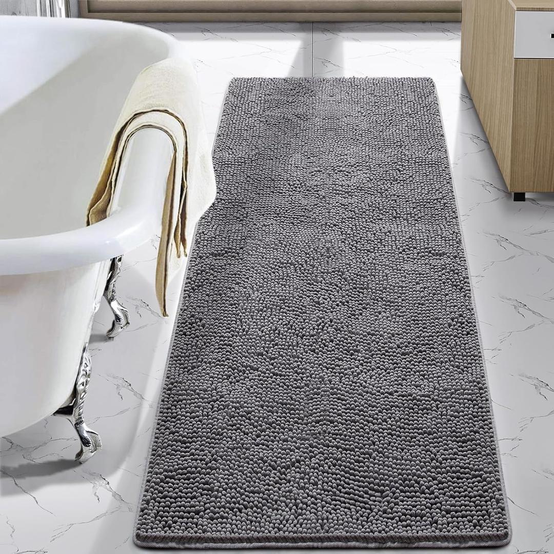 LOCHAS Luxury Bathroom Rug Shaggy Bath Mat 24 x 60 Inch, Washable Non Slip Bath Rugs for Bathroom Shower, Soft Plush Chenille Absorbent Carpets Mats, Gray 