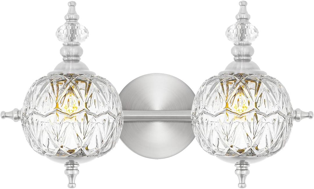 Brushed Nickel Bathroom Vanity Light Fixture Vintage Style - 2 Light G9 Bulb Compatible, 17" Wide Bathroom Lighting Over Mirror with Hand-Etched Glass Shades, Easy Mount for Makeup Area