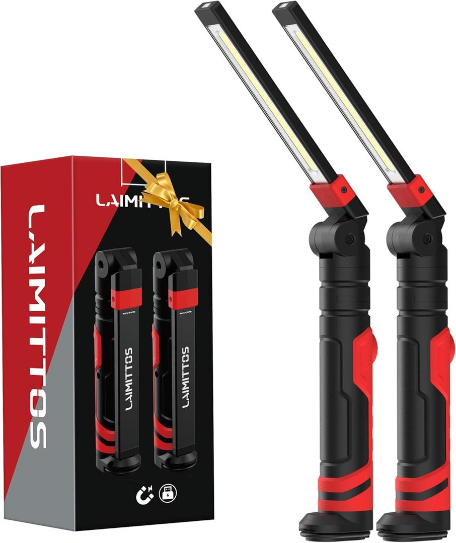 2 x Rechargeable Work Light 2500mAh Magnetic LED Work Light Flashlight Mechanic Light Tool for Men Him, Foldable Lamp with Hook for Car Repair Emergency BBQ Grill (2 Pack)
