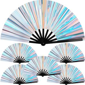 6 Pcs Large Folding Fan for Line Dancing 13" Big Holographic Rave Handheld Popping Clapping Fans Boots on the Ground Fan for Women(Silver)