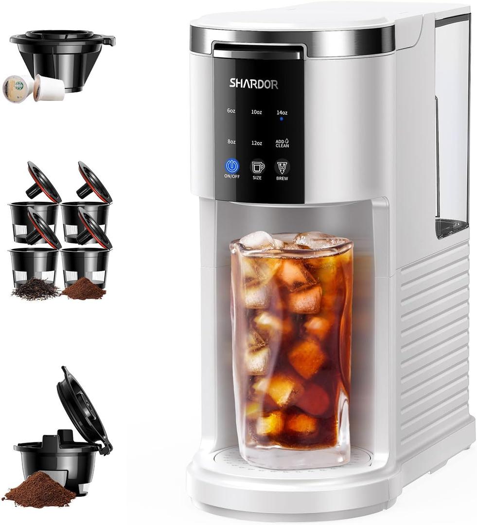 SHARDOR 3 in 1 Coffee Maker, K Cup Coffee Maker Compatible with Ground Coffee & Teas, Single Serve Coffee Machine, 614oz Brew Sizes, 40oz Detachable Water Reservoir, Descale Settings, White