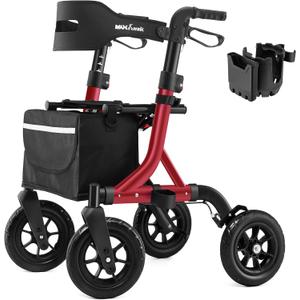 Rollator Walker for Seniors, Foldable All Terrain Rolling Walker with seat, Aluminum Walkers with 10 inch Rubber Wheels, Built-in Cable, Cup Holder, Adjustable Handles and Backrest for Seniors, Red