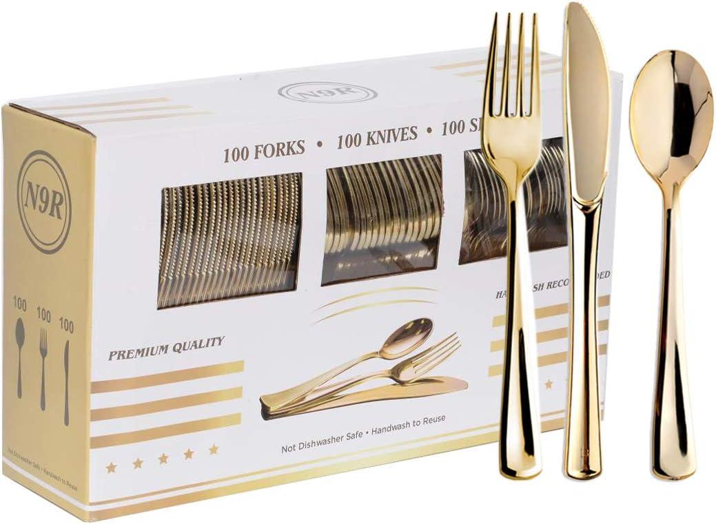 N9R 300PCS Gold Plastic Silverware, Heavy Duty Gold Plastic Cutlery Set Disposable Flatware Dinnerware, 100 Forks, 100 Spoons, 100 Knives, Perfect for Party, Wedding and Daily Use