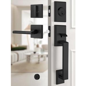 EHOMEWARE Matte Black Front Door Handle, Exterior Door Lock Set with Deadbolt, Black Entry Door Lever Set, Single Cylinder Deadbolt, Front Entry Door Handle, Reversible for Left & Right Doors