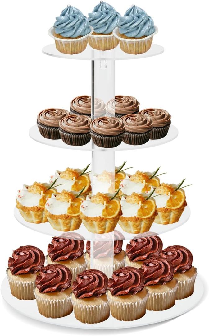 4 Tier Cake Stand, Acrylic Round Cupcake Stand Clear Cupcake Tower Holder Display Stand for Party, Birthday, Wedding, Dessert, Baby Shower Decor