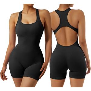 RXRXCOCO Women's Sexy Sleeveless Yoga Jumpsuits Shorts Bodysuit One Piece Deep Scoop Neck Backless Bodycon Jumpsuits (Medium, #003 Black)