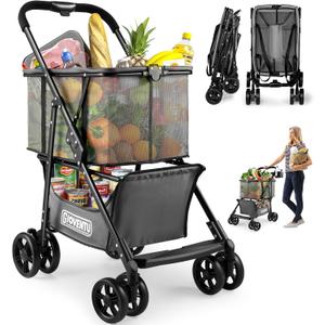 Folding Shopping Cart for Groceries, 80lbs Collapsible Stroller Cart