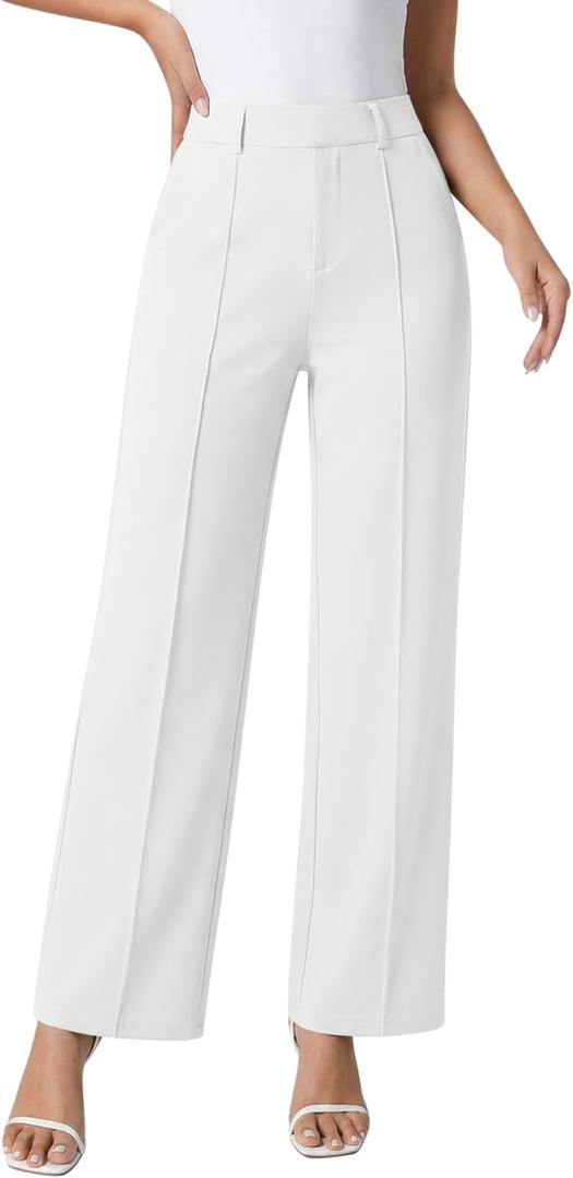 Dress Pants for Women Work Pants Wide Leg Pull On Stretchy Business Casual Trousers High Waisted Slacks with Pockets (White, L)