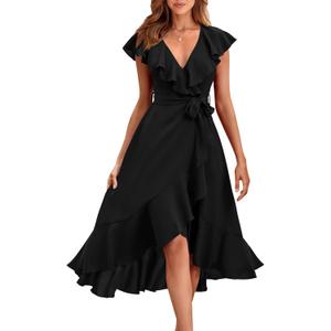 RETTYGARDEN Women's 2025 Summer Cross Midi Dress Casual Boho Deep V Neck Short Sleeve Ruffle Hem Split Beach Long Dresses (Large, Black)