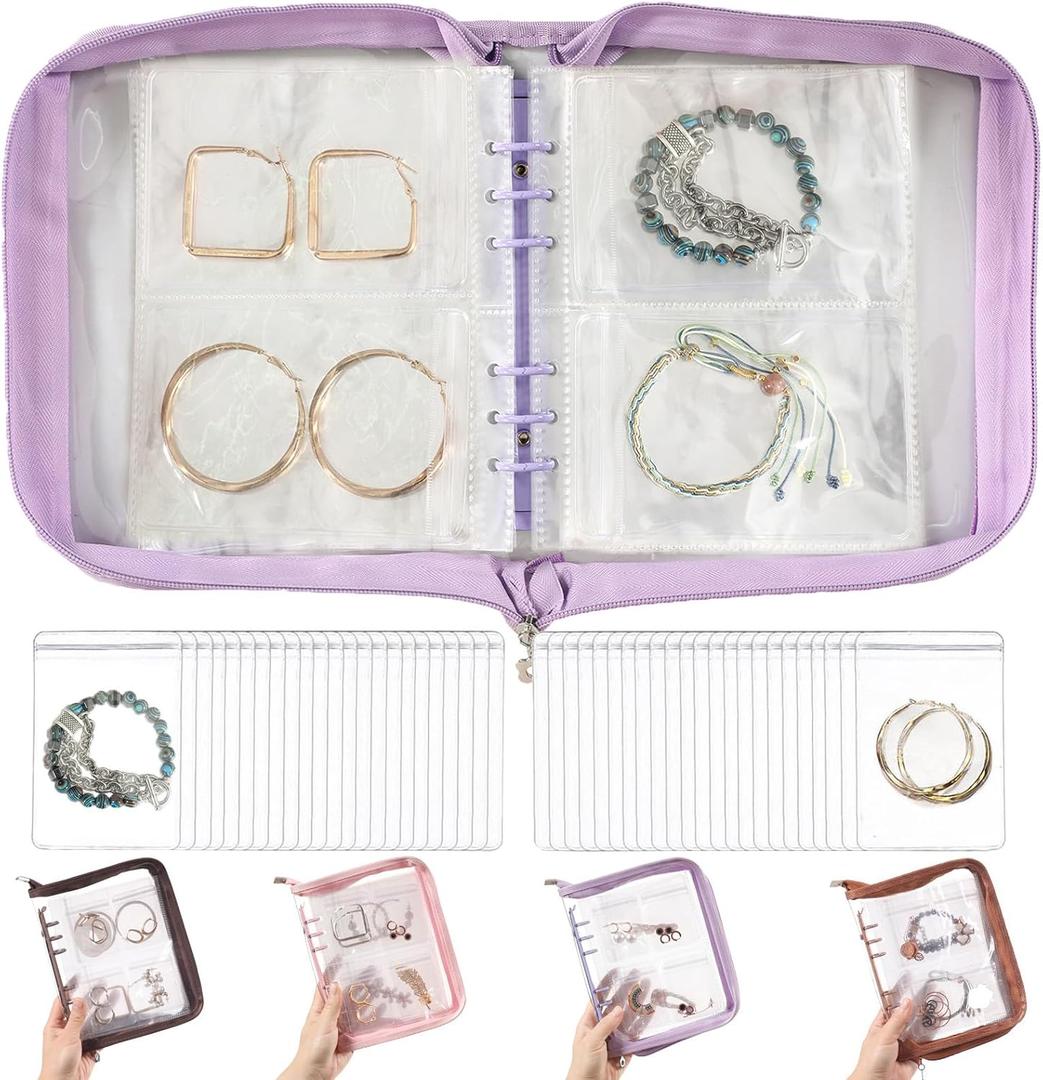 Jewelry Organizer Book clear Travel Bracelet Organizer Travel Earrings Storage Book for Necklace Bracelet Ring with Clear Zippered Pouch, Purple (Purple jewelry book + Large jewelry bags 48 PCS)
