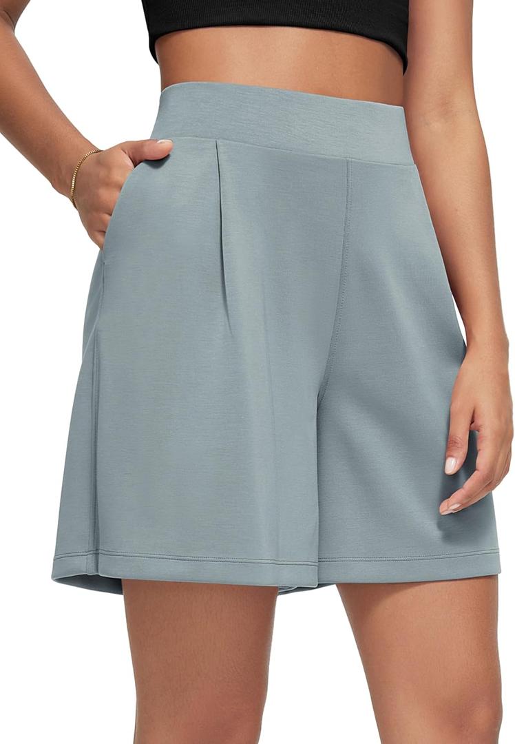 ODODOS Modal Soft Wide Leg Shorts for Women 6" High Waist Casual Relaxed Shorts with Pockets, Grey Blue, Medium (Gray, M)