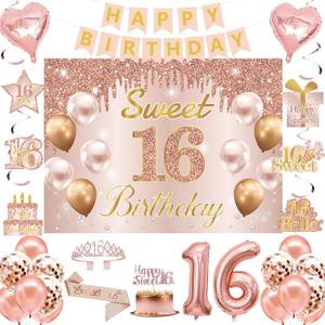Sweet 16 Party Decorations, Sweet 16th Birthday Crown and Sash Pink Rose Gold Sixteen Cake Topper Banner Backdrop Balloons Hanging Swirls for Girls Happy 16 Years Old Party Supplies
