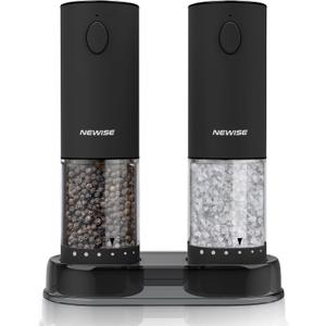 Electric Salt & Pepper Grinder Set, Rechargeable with LED Light & External Coarseness Adjustment, One-Hand Operation, Birthday Kitchen Gifts for Mom Home Cooks & Families - Black