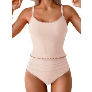 Eomenie Tankini Swimsuit for Women Tummy Control Ruched Two Piece Bathing Suits High Waisted Shell Stitch Swimwear (Medium, Beige)