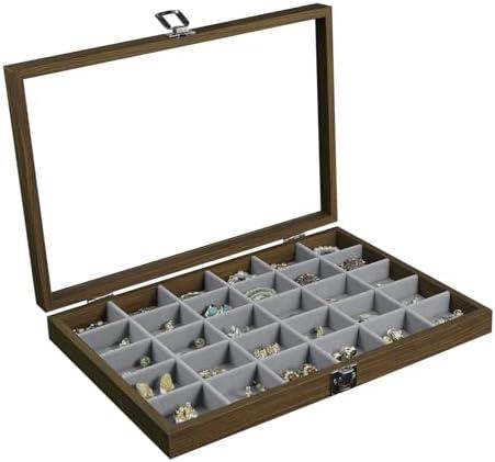 Stratalife Wood Jewelry Organizer 30 Grid Earring Tray Jewelry Holder Ring Box Earring Holder Organizer with Clear Lid Ring Storage for Women Vintage Style