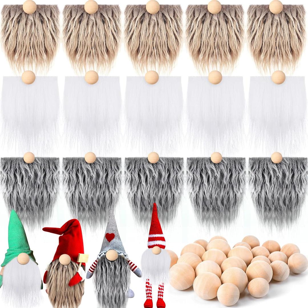 Tudomro 15 Pcs Gnome Beards for Crafts Valentine's Day Faux Fur Fabric Precut Gnomes Beards Handmade 30 Pcs Wood Balls for Christmas Halloween Easter Independence Day(Gray, Camel, White)