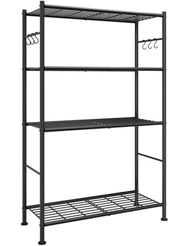 Sakugi Storage Shelves - 4-Tier Spacious Shelf Organizer with Hooks & Leveling Feet, Easy to Assemble, Rust-Resistant Garage Shelving for Kitchen, Pantry, Bedroom, 33.2" x 12.7" x 57.3", Black