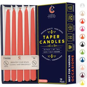 Vibrant Orange 10 Inch Taper Candles - Pack of 12 Premium Unscented, Dripless & Smokeless Hand-Dipped Candles for Birthday, Wedding or Dinner Decorations and Formal Candlelighting