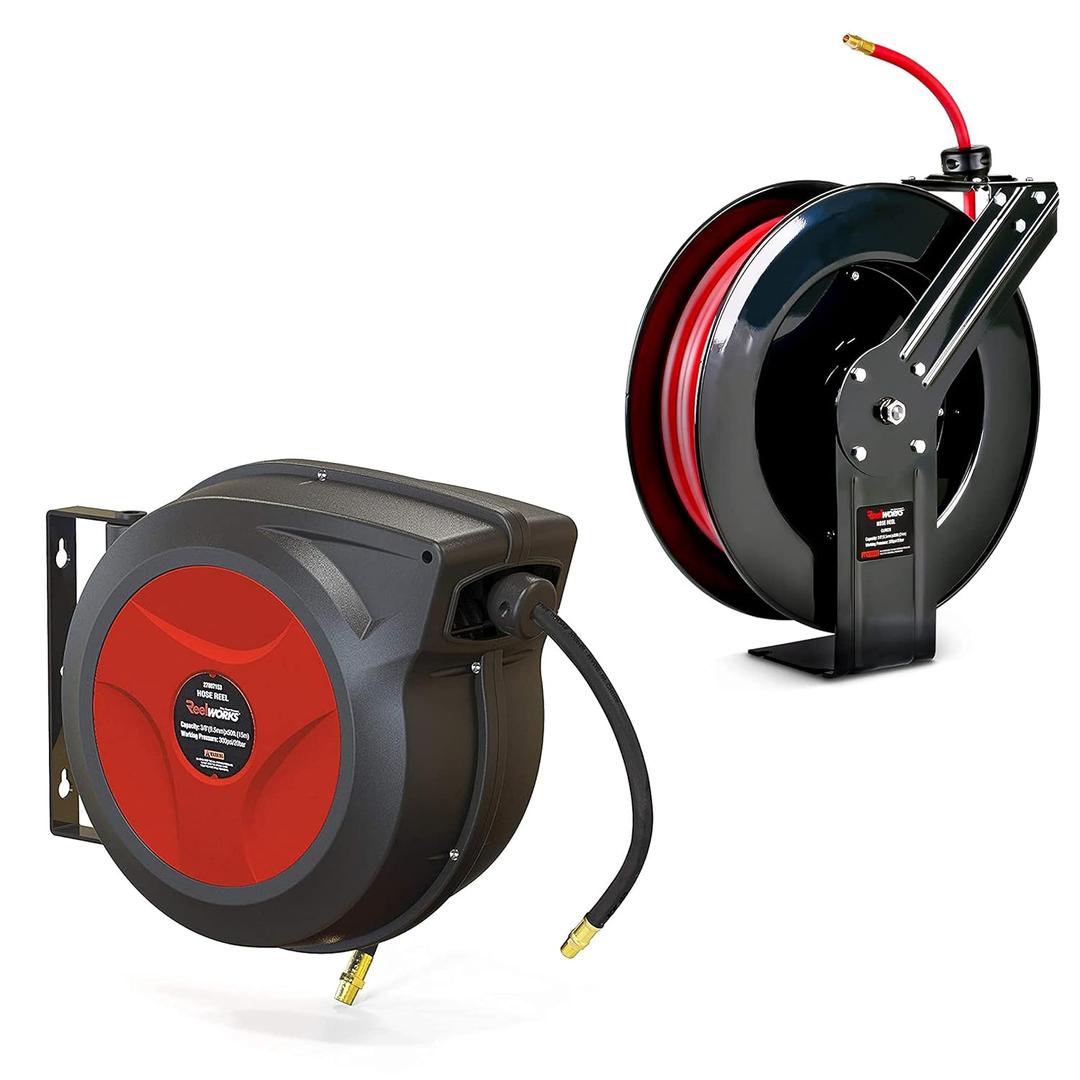 ReelWorks Air Hose Reel Retractable 3/8" Inch x 50' Foot Hybrid Polymer Hose Max 300PSI & Air Hose Reel Retractable 3/8" Inch x 80' Foot Max 300PSI [Bundle deal]