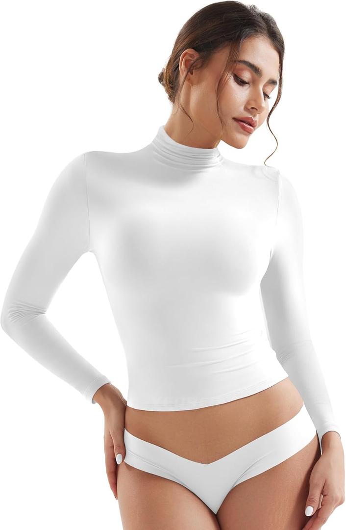 YEOREO Long Sleeve Workout Crop Mock Thermal Turtle Neck Double Lined Base Tops Shirts Women Sariah Y2k Undershirt (Small, White)